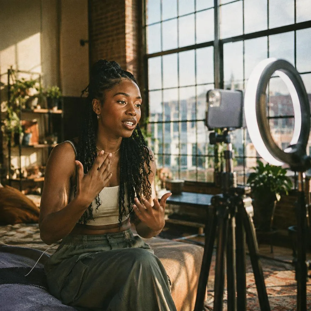 A creator recording social content with a phone and ring light