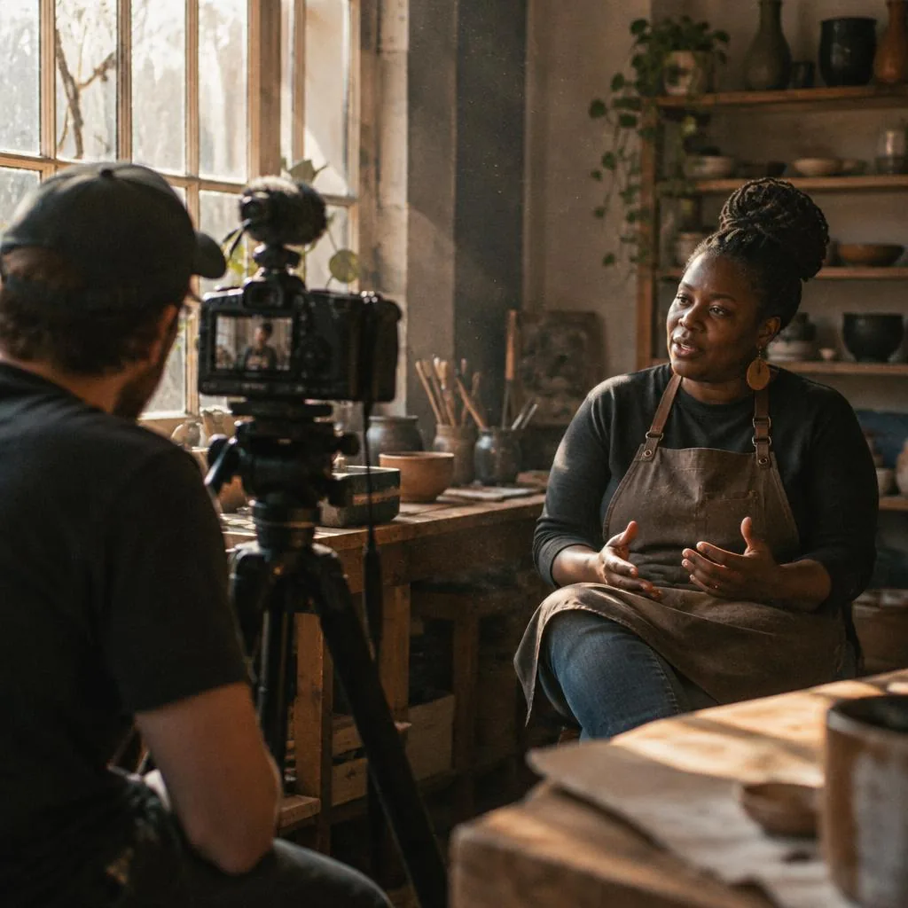 A documentary interview being filmed in an artisan workshop