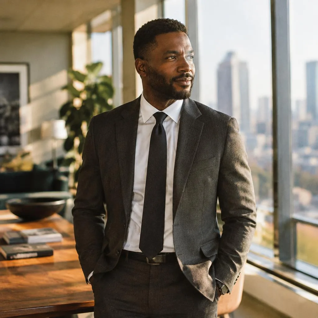 An executive in a tailored suit during an office portrait session