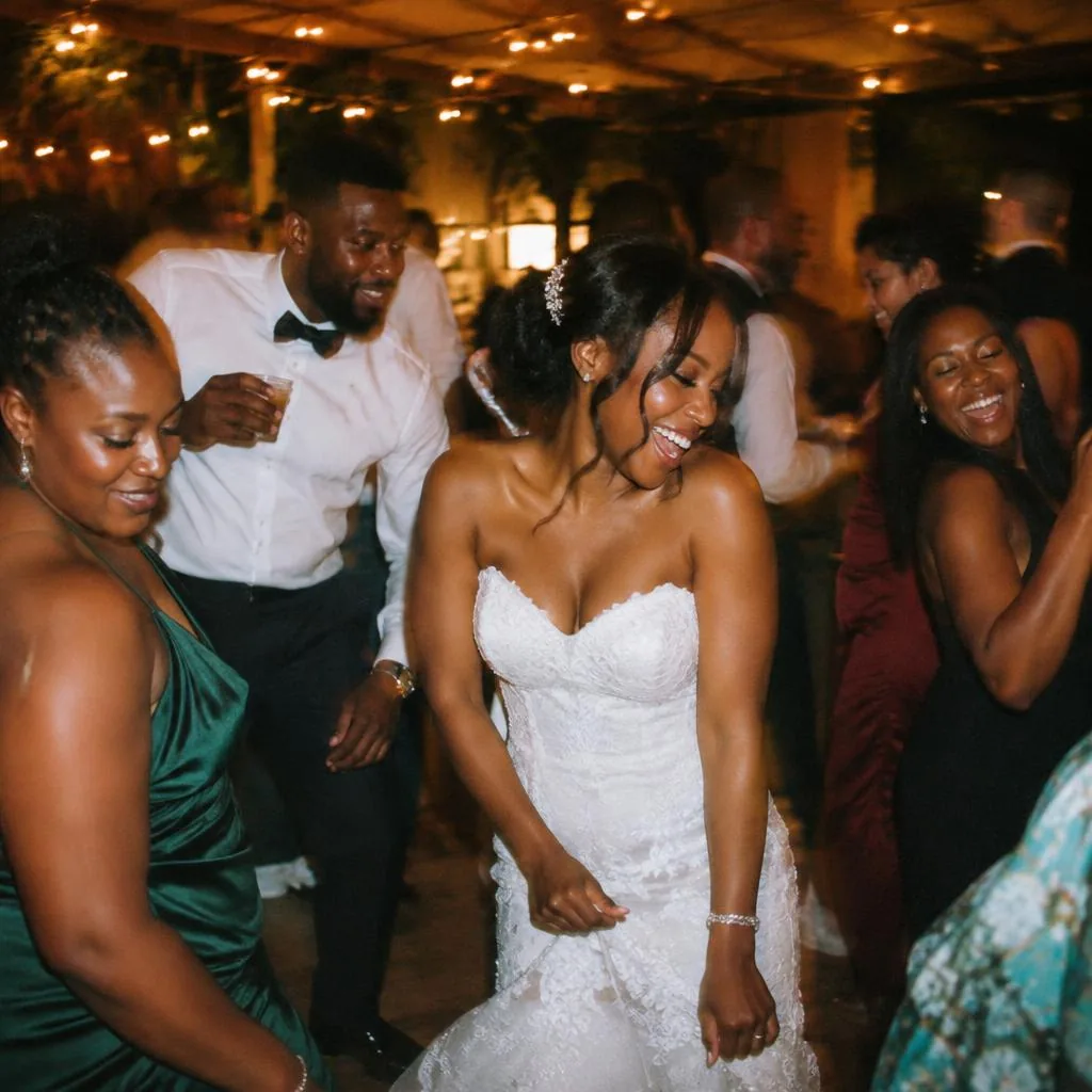 Guests dancing at a lively wedding reception under string lights