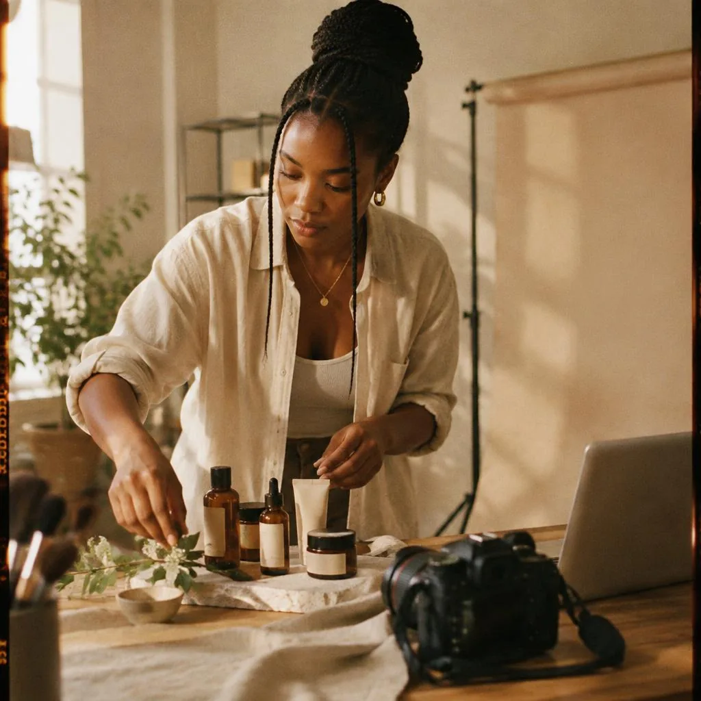 A business owner styling products during a brand shoot