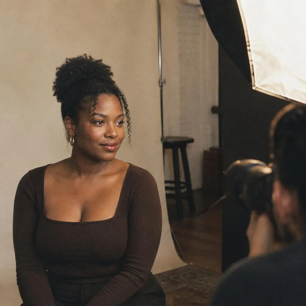 A client seated for a studio headshot session with softbox lighting