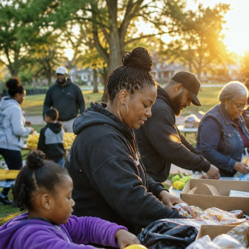 Volunteers packing supplies at a community event in golden-hour light